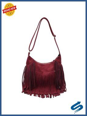 Vintage Suede Fringe Hobo Bag Tote Shoulder Crossbody Hippie Cowgirl Purse